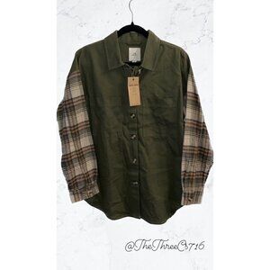 Thread & Supply Shacket 100% Cotton Olive Green and Plaid Size M NWT